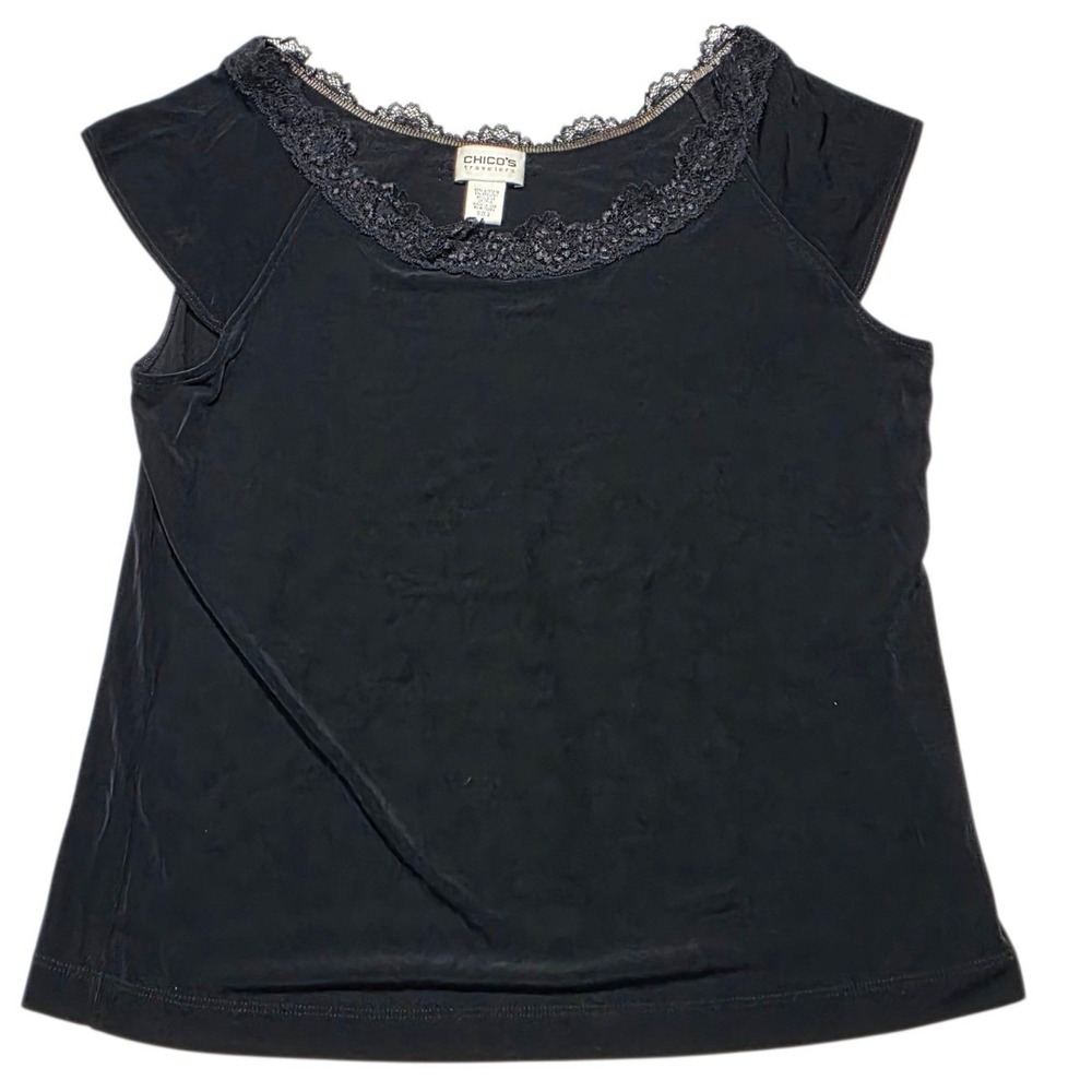 Chico's Travelers Lace Trim Tank Top Women Size L Black Acetate Spandex